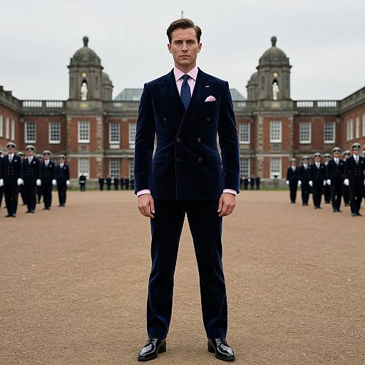 Photograph of a serious, handsome man in a dark navy double-breasted suit, pink tie, and pocket square, standing in front of a grand