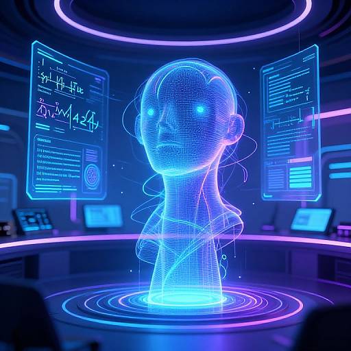Neon blue holographic female figure with glowing eyes, surrounded by digital screens displaying equations, in a futuristic lab.