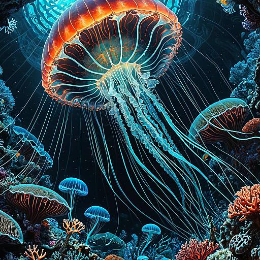 Iridescent Jellyfish Above Luminescent Coral Reef