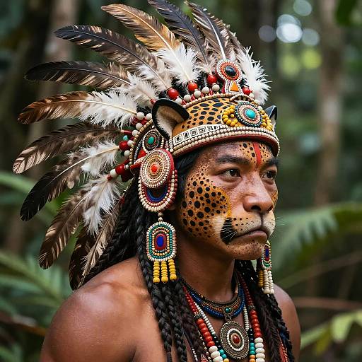 Photograph of a Native American man with dark brown skin, leopard-print face paint, feathered headdress, colorful beads, and intricate jewelry, standing