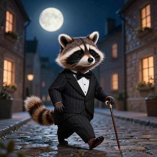 CGI image of a raccoon in a black pinstripe suit, holding a cane, walking on a cobblestone street at night under a