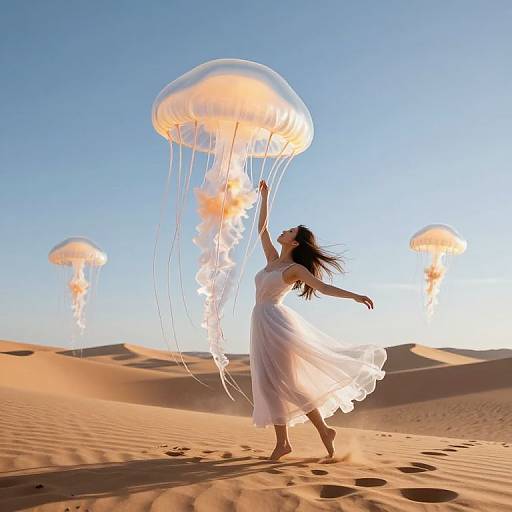 Photograph of a woman in a flowing white dress dancing in a desert, reaching up towards glowing, translucent jellyfish-like creatures.