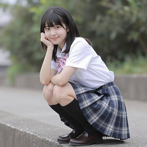 Japanese Schoolgirl in Plaid Skirt Crouching Outdoors