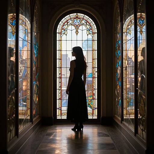 Silhouetted woman in long dress stands before ornate, stained glass archway, bathed in colorful light; photo captures dramatic contrast and elegance
