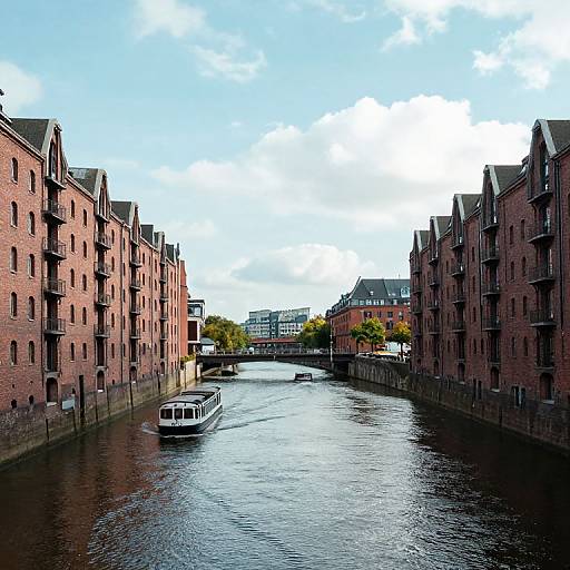 Photograph of a narrow canal flanked by red-brick buildings, a white boat navigating the water under a bright blue sky.