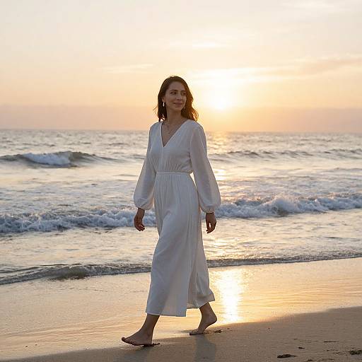 Photograph of a woman in a white, long-sleeved, V-neck dress walking barefoot on a beach at sunset, with waves in the