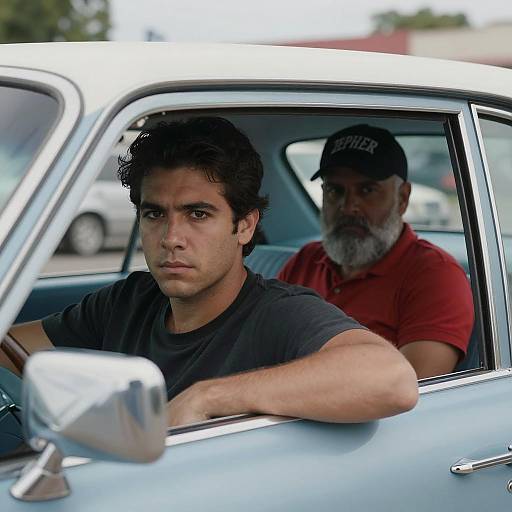 Two men in classic car