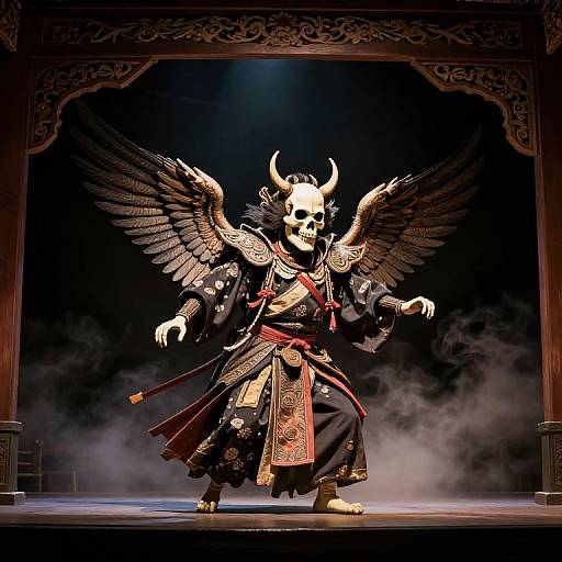 Digital art of a demon-like figure with black wings, skull mask, and ornate black robes, standing on a misty stage.