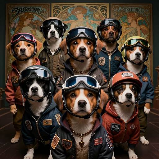 Photograph of seven border collies wearing aviator helmets and leather jackets, standing in front of ornate, vintage wall art.