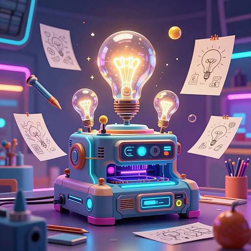 CGI image of a glowing, neon-lit, robotic desk lamp with three light bulbs, surrounded by sketch papers with light bulb drawings, in a