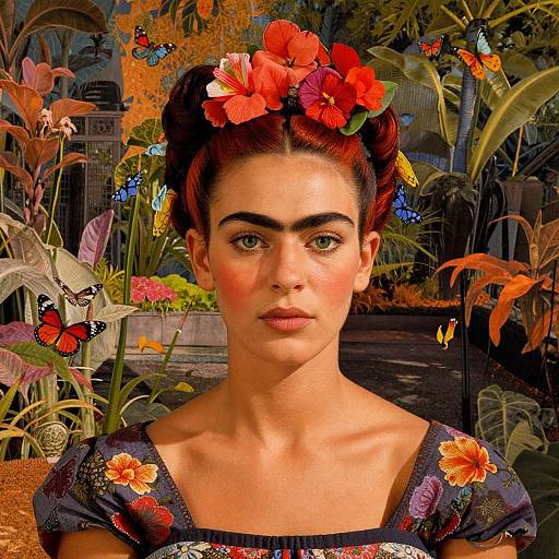 Photograph of a woman with olive skin, red flowers in her dark hair, wearing a floral blouse, surrounded by vibrant butterflies and lush greenery.