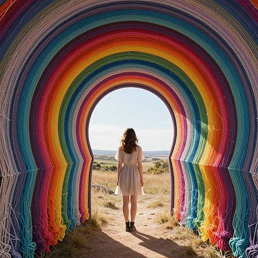 Photograph of a woman with long brown hair in a white dress standing in a colorful, rainbow-striped tunnel, looking outside at a sunny, grassy