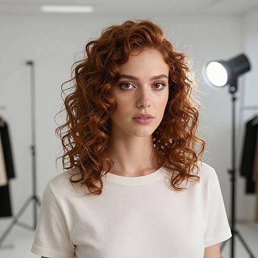 Curly Auburn Hair Model in Studio