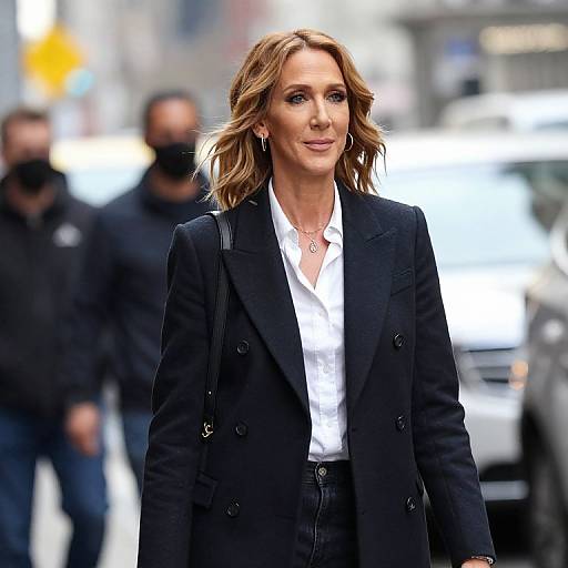 Photograph of a confident, light-skinned woman with wavy brown hair, wearing a black blazer over a white shirt, walking on a busy