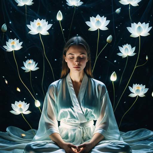 Serene Woman Meditating Among Glowing Lotus Flowers