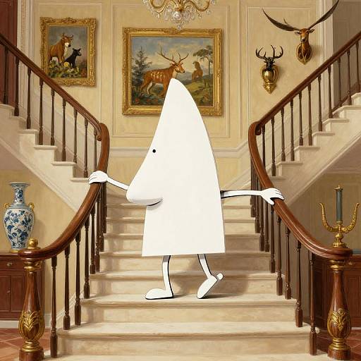 Digital image of a white, triangular, anthropomorphic figure with arms and legs, standing on a grand, ornate staircase with wooden railings, decorated