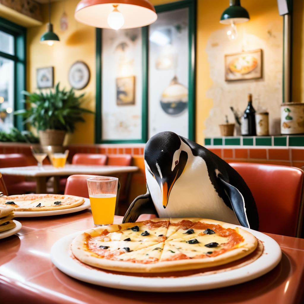 Penguin Dining on Pizza in Italy