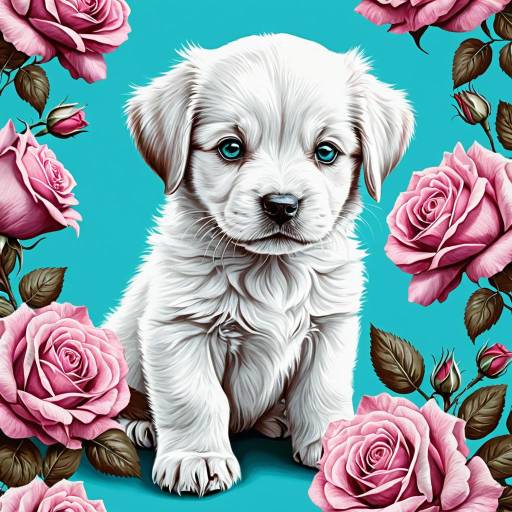 Cute White Puppy with Pink Roses