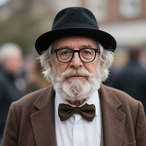 Photograph of an elderly white man with white hair, black bowler hat, black glasses, brown bow tie, and brown tweed jacket, standing