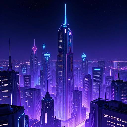 Neon-lit futuristic cityscape at night, featuring tall skyscrapers with glowing blue and purple lights, and geometric neon signs on rooftops.