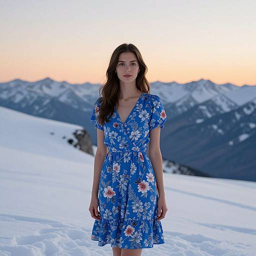 Photograph of a young woman with long brown hair, wearing a blue floral dress, standing in a snowy mountain landscape at sunset.
