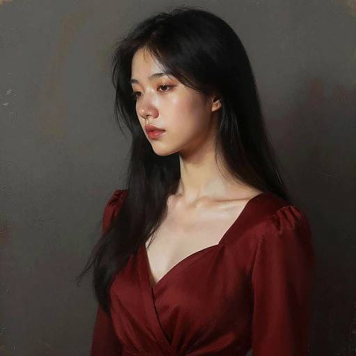 Photorealistic portrait of young woman in red dress