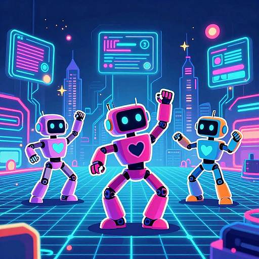 Neon-lit digital illustration of three vibrant, glowing robots dancing in a futuristic cityscape with grid lines, neon signs, and towering skyscrapers