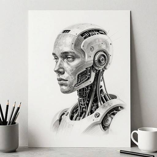 Black-and-white pencil drawing of a humanoid robot's head, displayed on a white canvas, with a cup of pencils and a mug on a desk.