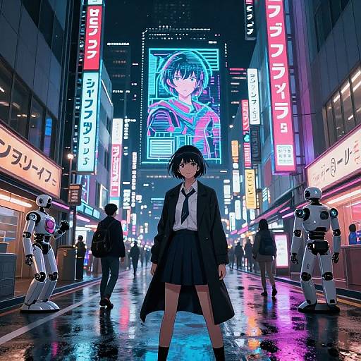 Neon-lit cyberpunk street scene: anime girl in black coat, skirt, and tie stands confidently, surrounded by robot statues and vibrant Japanese signs