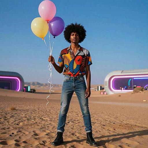 Photograph of a Black man with an afro, wearing a colorful patterned shirt and blue jeans, holding purple, yellow, and pink balloons in