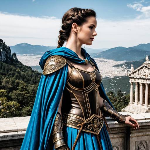 Woman in Bronze Armor with Blue Cape on Mountain Overlook