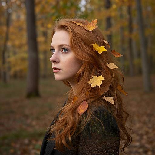 Photograph of a fair-skinned, red-haired woman with autumn leaves in her hair, wearing a black coat, in a forest with yellow and orange