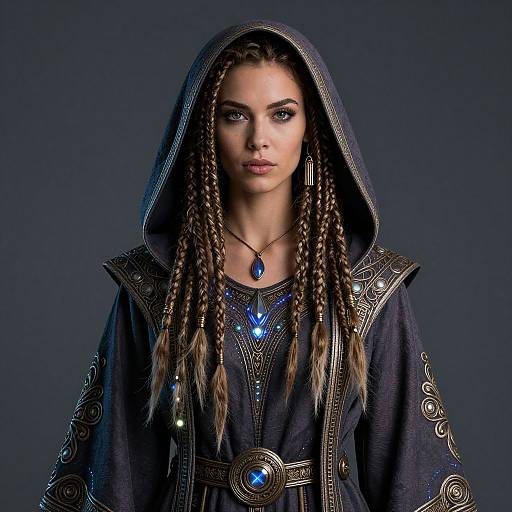 Photograph of a woman with long, braided hair, wearing a dark, ornate hooded robe with blue gemstones, against a dark blue