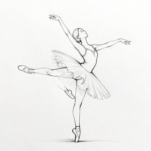 Black-and-white sketch of a ballet dancer in a tutu, standing en pointe with arms gracefully raised, showcasing elegance and poise.