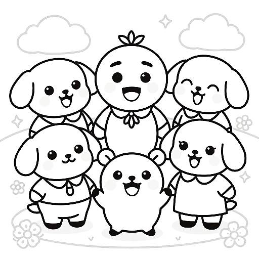 Black and white digital drawing of six cute, chibi-style, cartoon dogs with round faces, simple lines, and happy expressions, standing closely together.