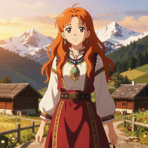 Confident Anime Girl in Alpine Village