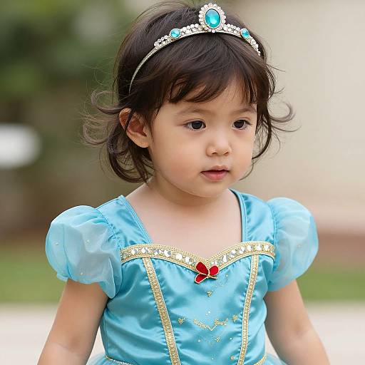 Photograph of an Asian toddler girl with dark hair, wearing a blue princess dress with gold trim, red bow, and silver tiara, standing outdoors