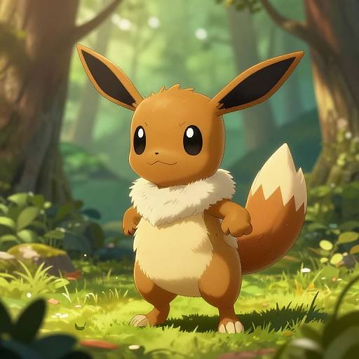 Digital illustration of Eevee, a cute, brown, fox-like Pokémon with large ears and fluffy cream-colored chest, standing in a sunlit,