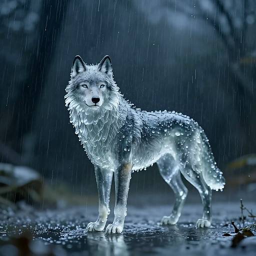 Digital artwork of a glowing, wet, white wolf standing in a rainy forest, illuminated by ethereal blue light, with raindrops visible on its fur