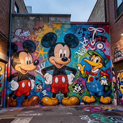 Vibrant street mural featuring large, colorful graffiti of Mickey Mouse and Donald Duck, with bold colors and urban graffiti tags.
