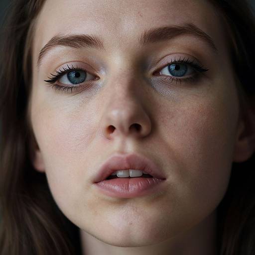 Close-up photograph of a young woman with fair skin, blue eyes, brown hair, and slightly parted lips, showcasing detailed facial features and natural makeup.