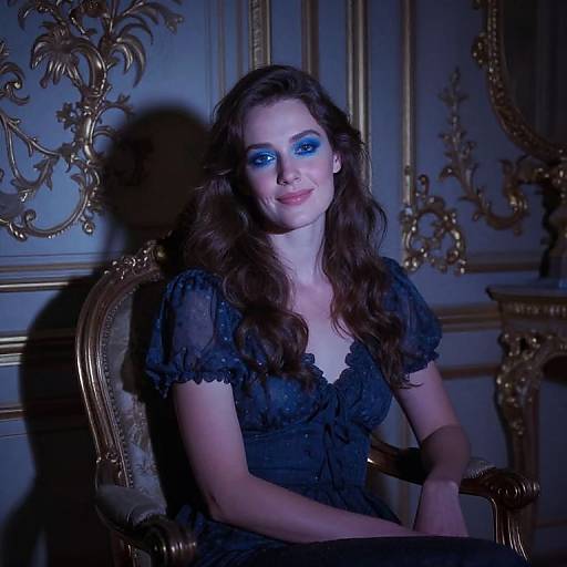 Photograph of a fair-skinned woman with blue eyeshadow, long brown hair, wearing a black lace dress, seated in an ornate gold