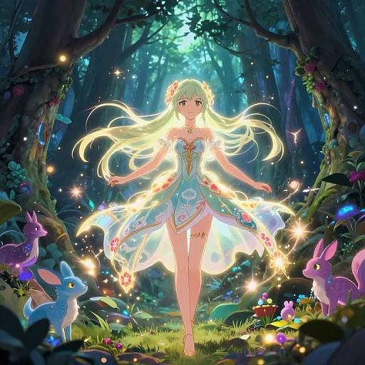 Anime-style digital illustration of a glowing, blonde, fairy-like girl in a light blue dress, surrounded by magical fireflies and colorful, glowing rabbits in