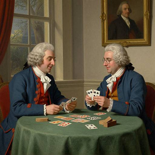 Digital painting of two 18th-century men with white wigs and red waistcoats, playing cards at a green-clothed table, in
