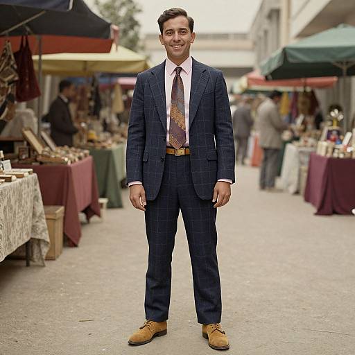 Photograph of a smiling man in a dark blue checkered suit, white shirt, patterned tie, and tan shoes, standing in a bustling outdoor