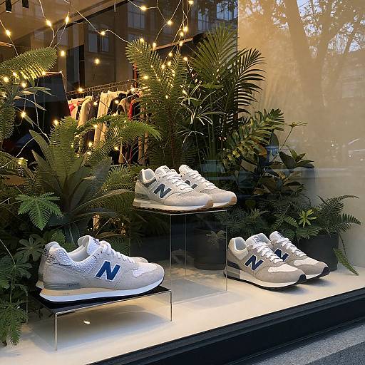 Photograph of a window display featuring white Adidas sneakers with blue stripes, surrounded by lush green plants and warm fairy lights.