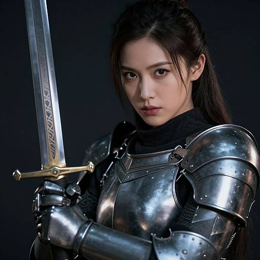 Photorealistic digital artwork of an Asian woman with long black hair, wearing shiny silver armor, holding a detailed sword, against a dark background.