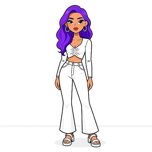 Digital illustration of a confident woman with vibrant purple hair, wearing a white crop top and high-waisted pants, large hoop earrings, and white sandals