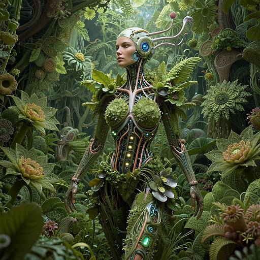 Digital artwork of a futuristic, green-skinned, female android with leafy armor and glowing blue accents, standing in a lush, bioluminescent