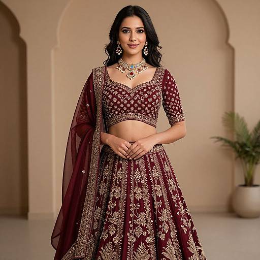Photograph of a beautiful Indian woman with dark hair, wearing an elegant maroon and gold traditional lehenga set, adorned with intricate embroidery, and a